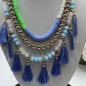 Lilly Pulitzer Lilly "HI SUMMER" Blue Green Beaded Triple Strand Necklace New